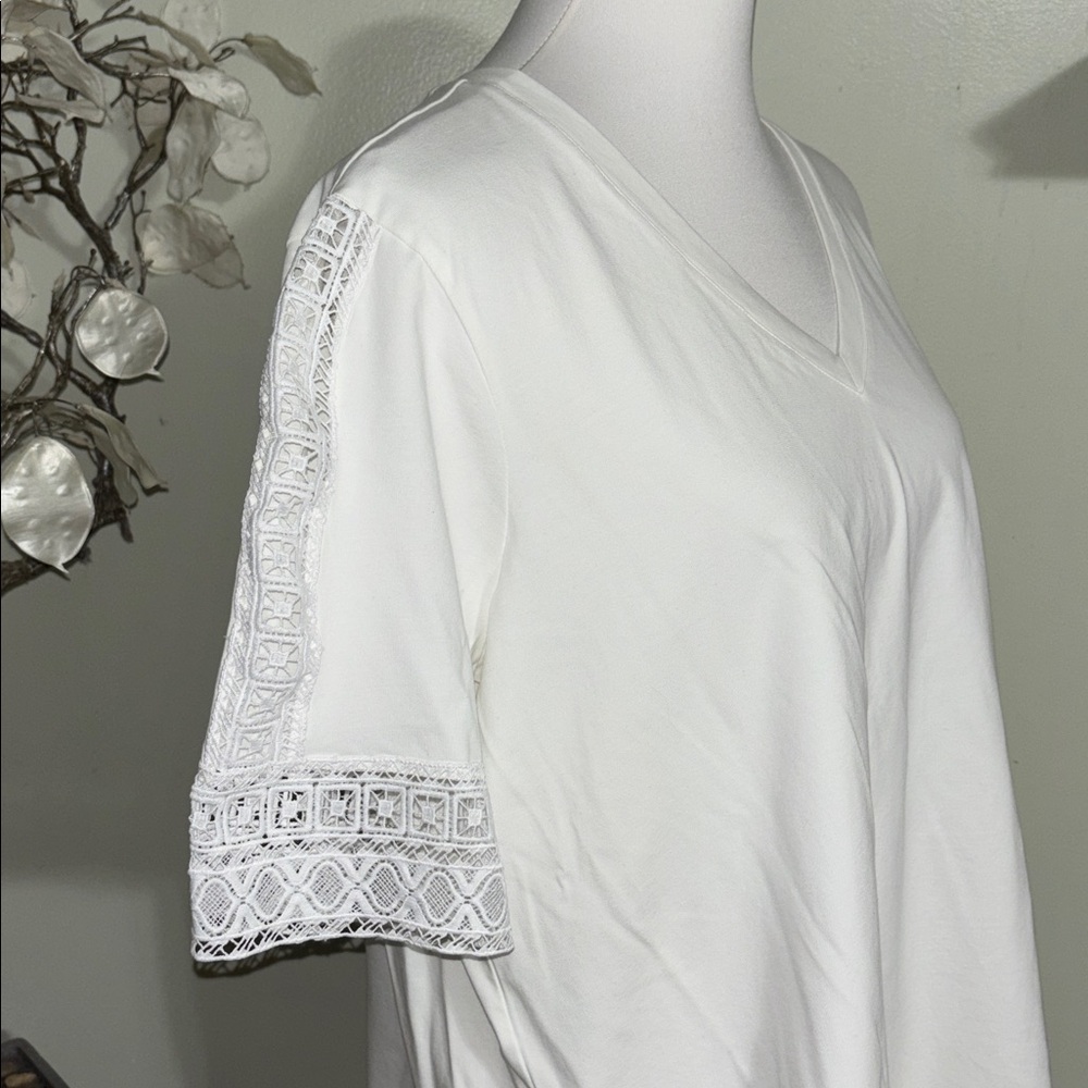 Chico's White V Neck Blouse with Lace Sleeves - Picture 2 of 5